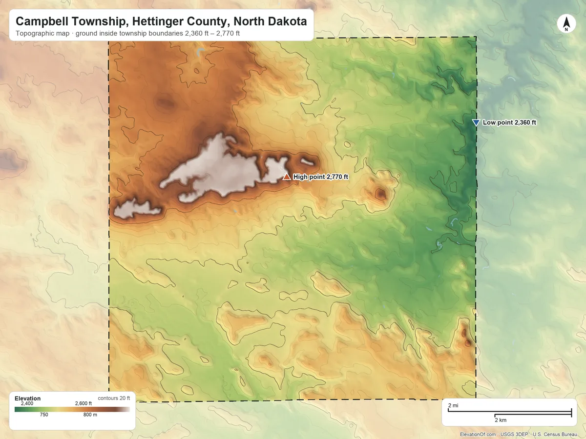 Topographic elevation map of Campbell Township, Hettinger County, North Dakota, shaded from 2,360 ft on the northeast side to 2,770 ft on White Butte