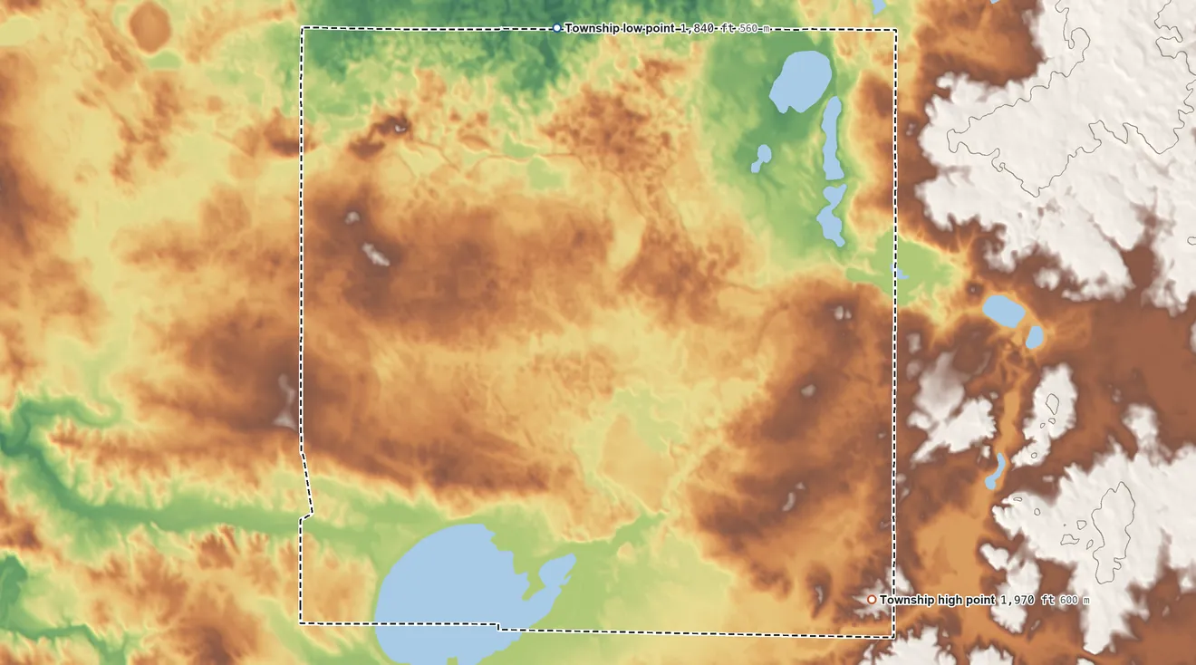 Topographic elevation map of Campbell Township, North Dakota, shaded from 1,840 ft on the north side to 1,970 ft on the east side
