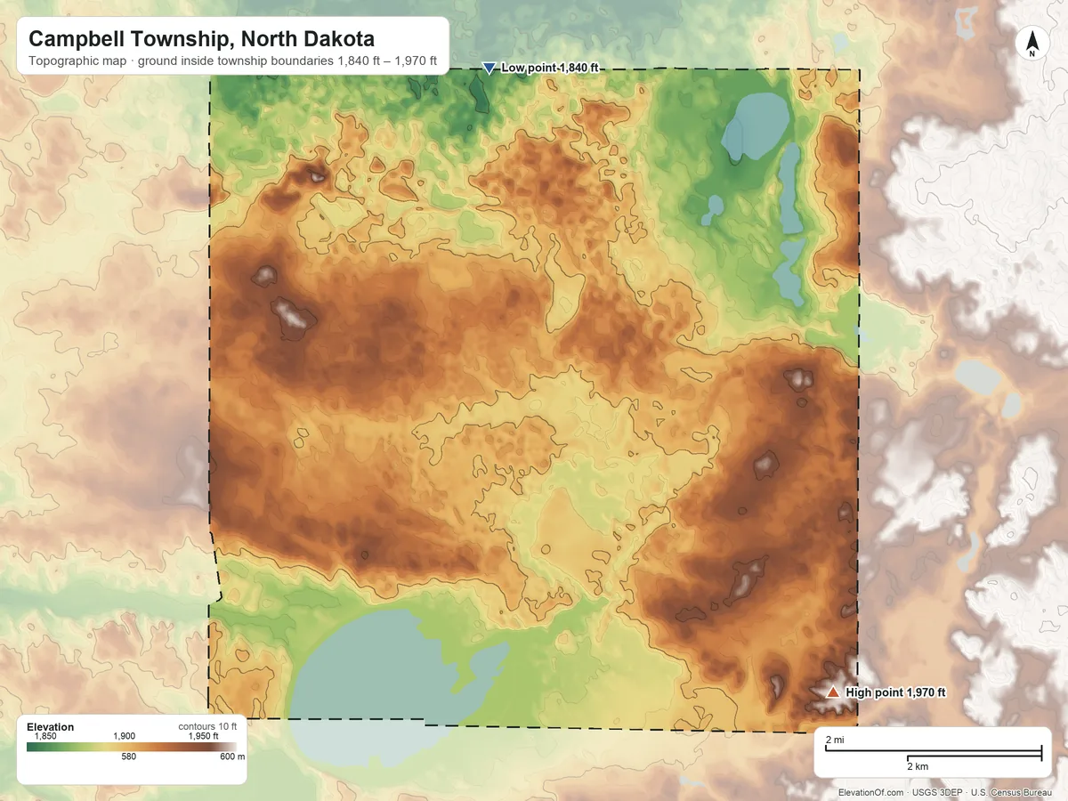 Topographic elevation map of Campbell Township, North Dakota, shaded from 1,840 ft on the north side to 1,970 ft on the east side