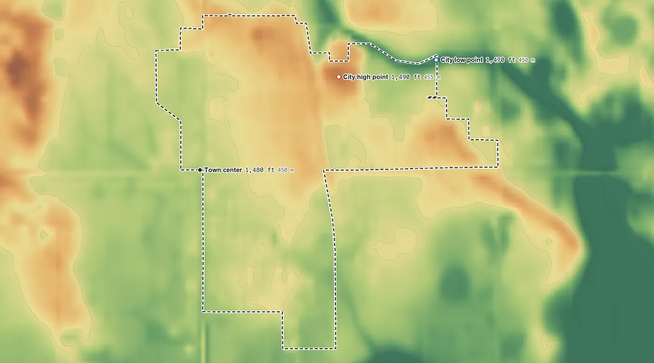 Topographic elevation map of Cando, North Dakota, shaded from 1,470 ft on the northeast side to 1,490 ft on the northeast side