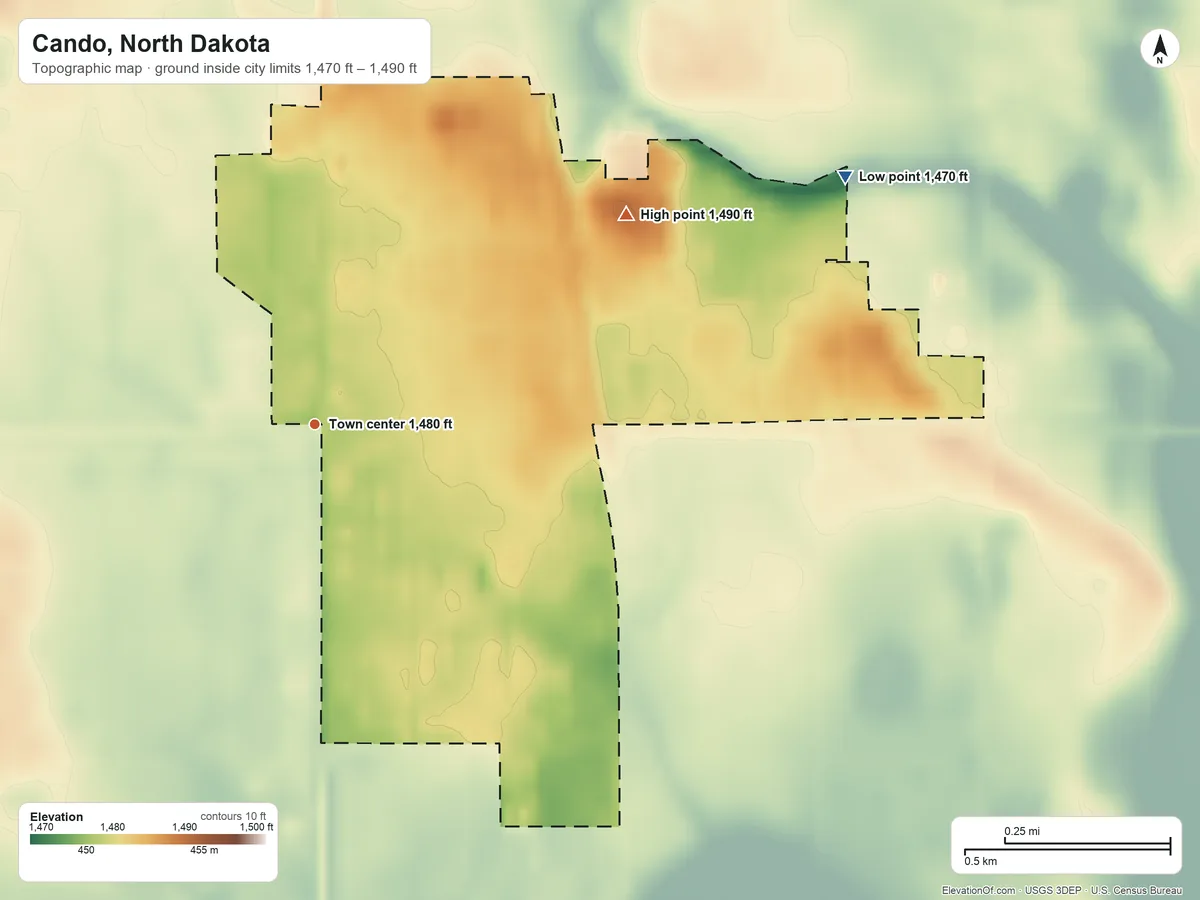 Topographic elevation map of Cando, North Dakota, shaded from 1,470 ft on the northeast side to 1,490 ft on the northeast side