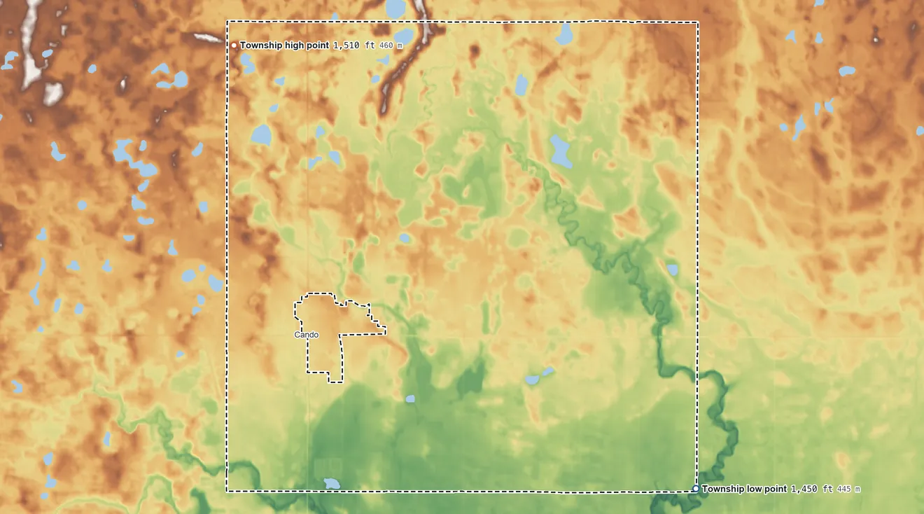Topographic elevation map of Cando Township, North Dakota, shaded from 1,450 ft on the southeast side to 1,510 ft on the northwest side