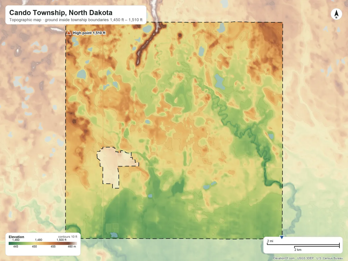 Topographic elevation map of Cando Township, North Dakota, shaded from 1,450 ft on the southeast side to 1,510 ft on the northwest side