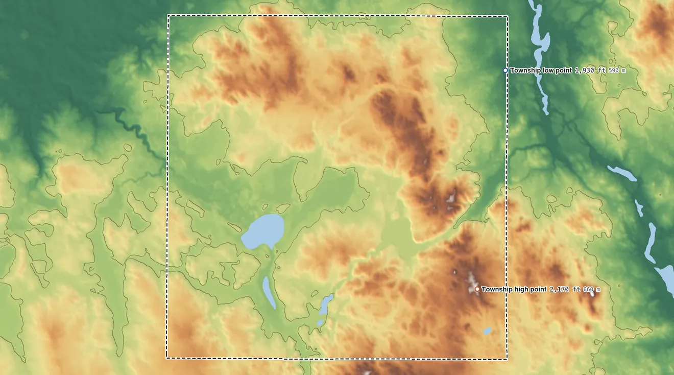 Topographic elevation map of Canfield Township, North Dakota, shaded from 1,930 ft on the northeast side to 2,170 ft on the southeast side