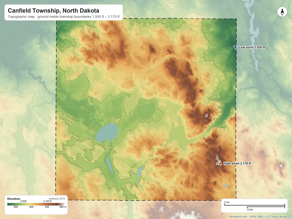 Topographic elevation map of Canfield Township, North Dakota, shaded from 1,930 ft on the northeast side to 2,170 ft on the southeast side