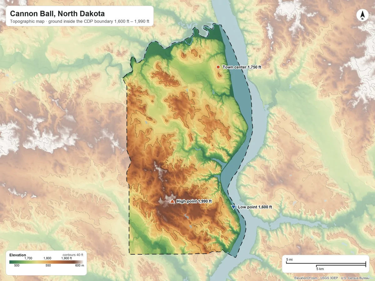 Topographic elevation map of Cannon Ball, North Dakota, shaded from 1,600 ft on the south side to 1,990 ft on the south side