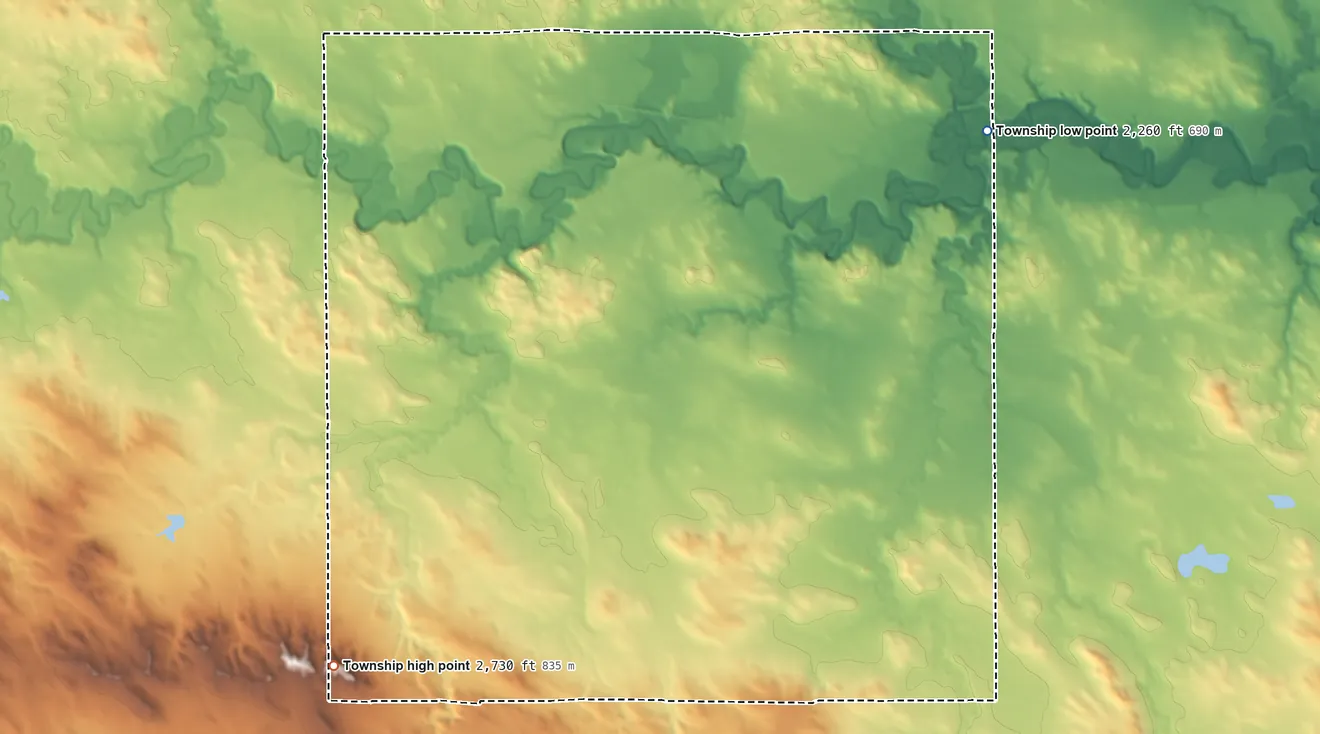 Topographic elevation map of Cannon Ball Township, North Dakota, shaded from 2,260 ft on the east side to 2,730 ft on the southwest side