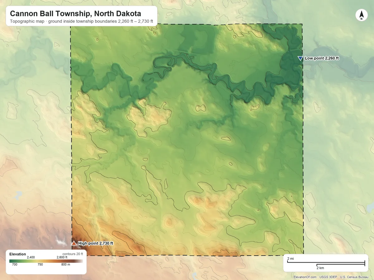 Topographic elevation map of Cannon Ball Township, North Dakota, shaded from 2,260 ft on the east side to 2,730 ft on the southwest side