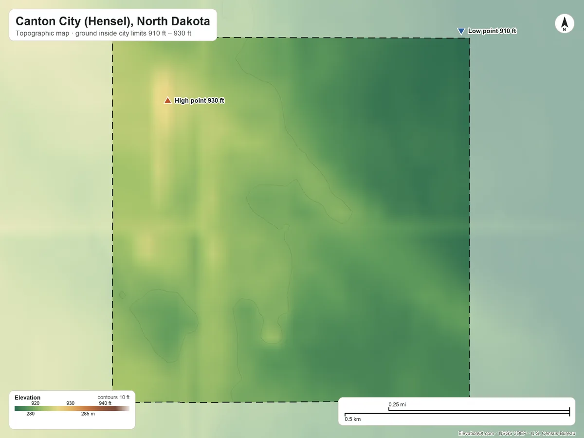 Topographic elevation map of Canton City (Hensel), North Dakota, shaded from 910 ft on the northeast side to 930 ft on the northwest side