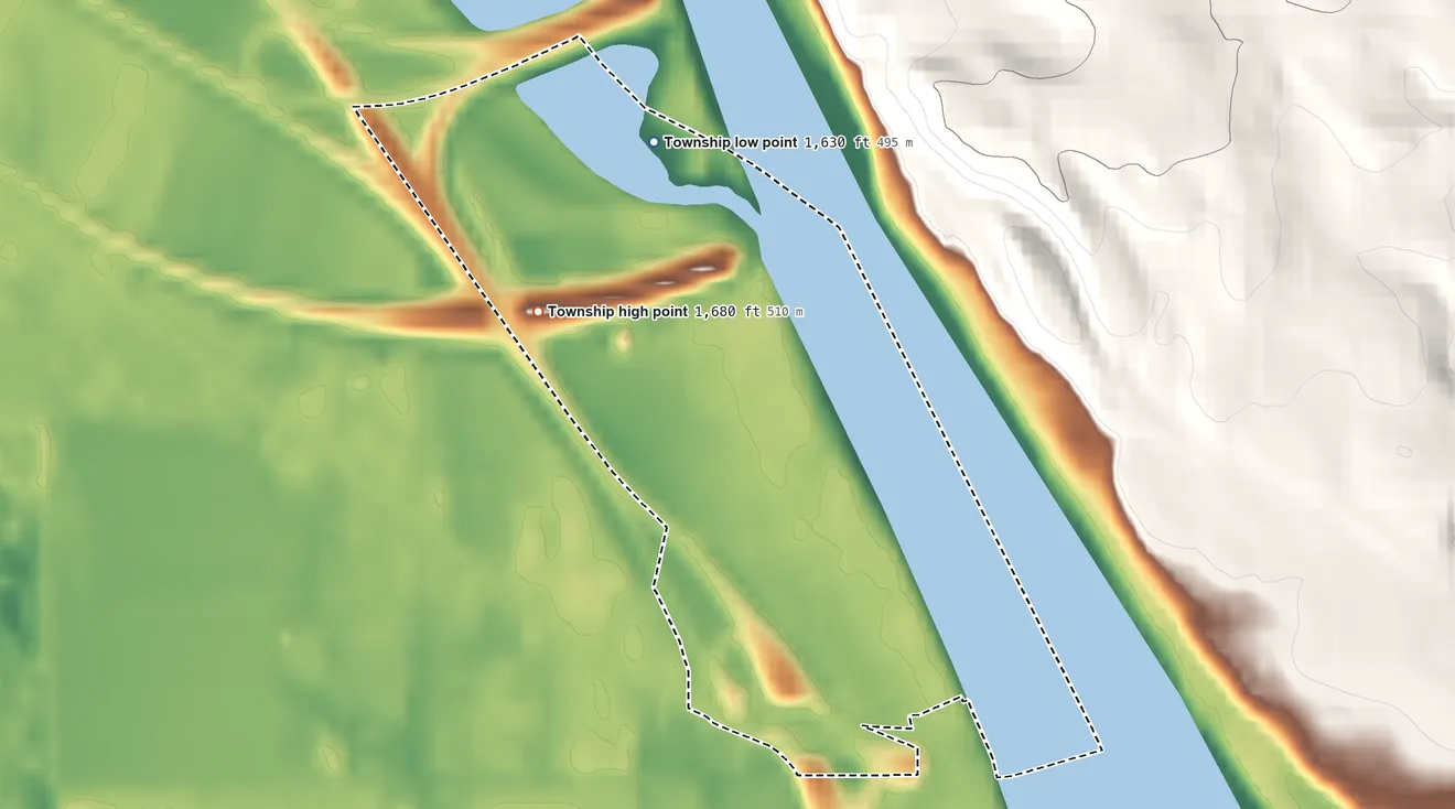 Topographic elevation map of Captain's Landing Township, North Dakota, shaded from 1,630 ft on the north side to 1,680 ft on the northwest side