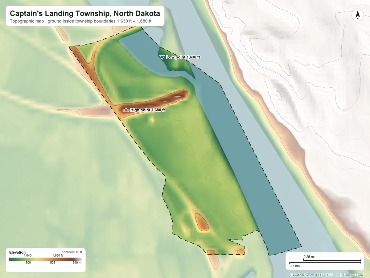 Topographic elevation map of Captain's Landing Township, North Dakota, shaded from 1,630 ft on the north side to 1,680 ft on the northwest side