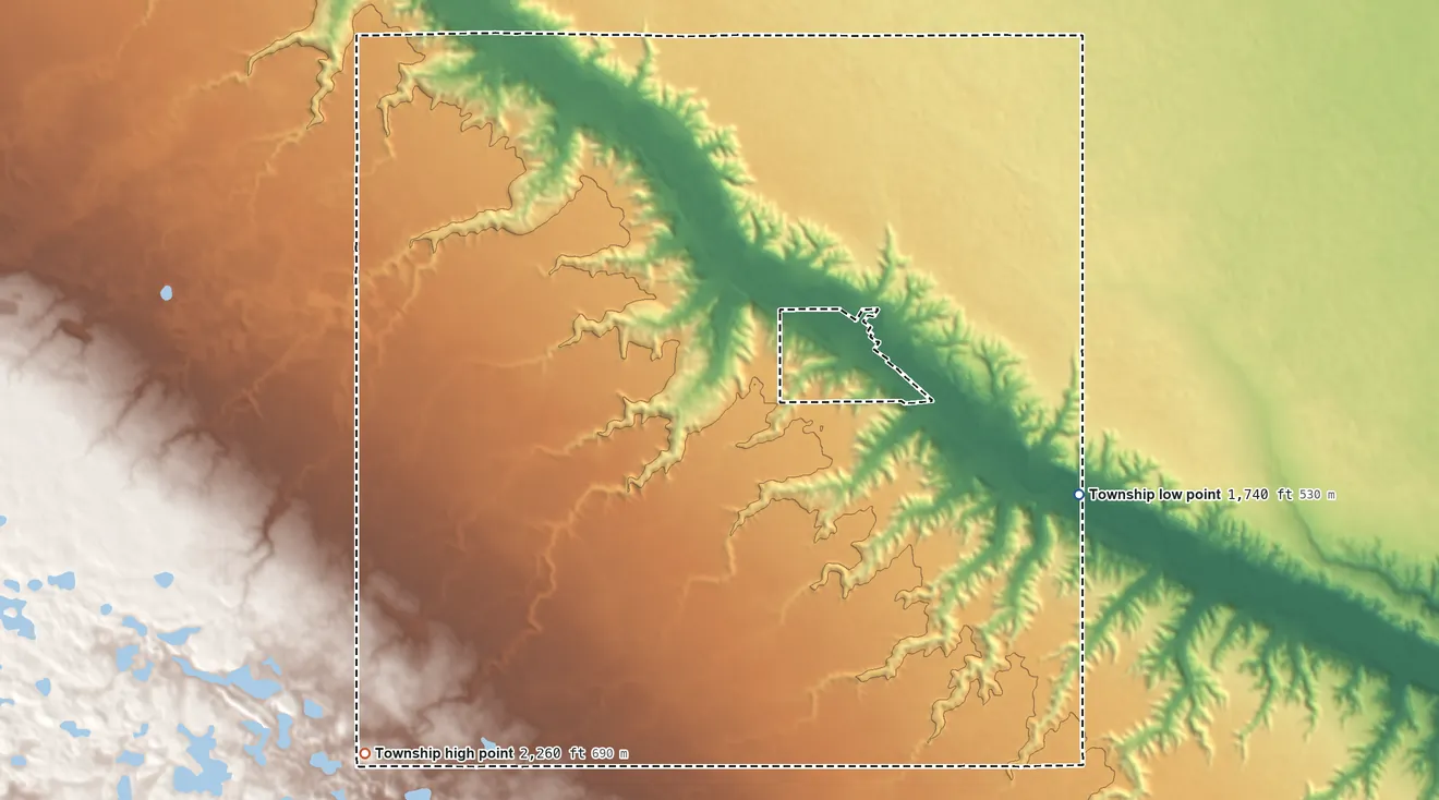 Topographic elevation map of Carbondale Township, North Dakota, shaded from 1,740 ft on the east side to 2,260 ft on the southwest side
