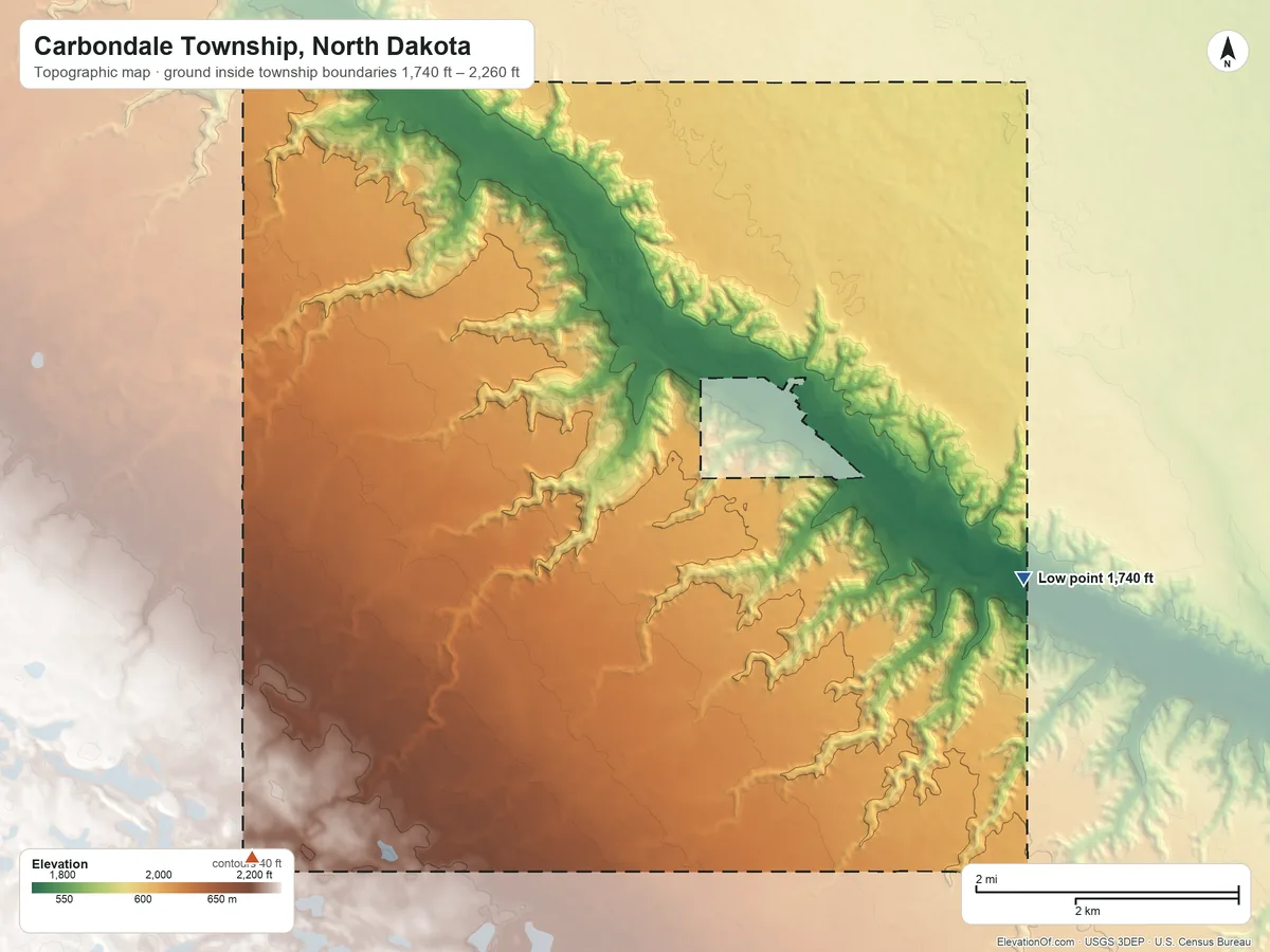 Topographic elevation map of Carbondale Township, North Dakota, shaded from 1,740 ft on the east side to 2,260 ft on the southwest side