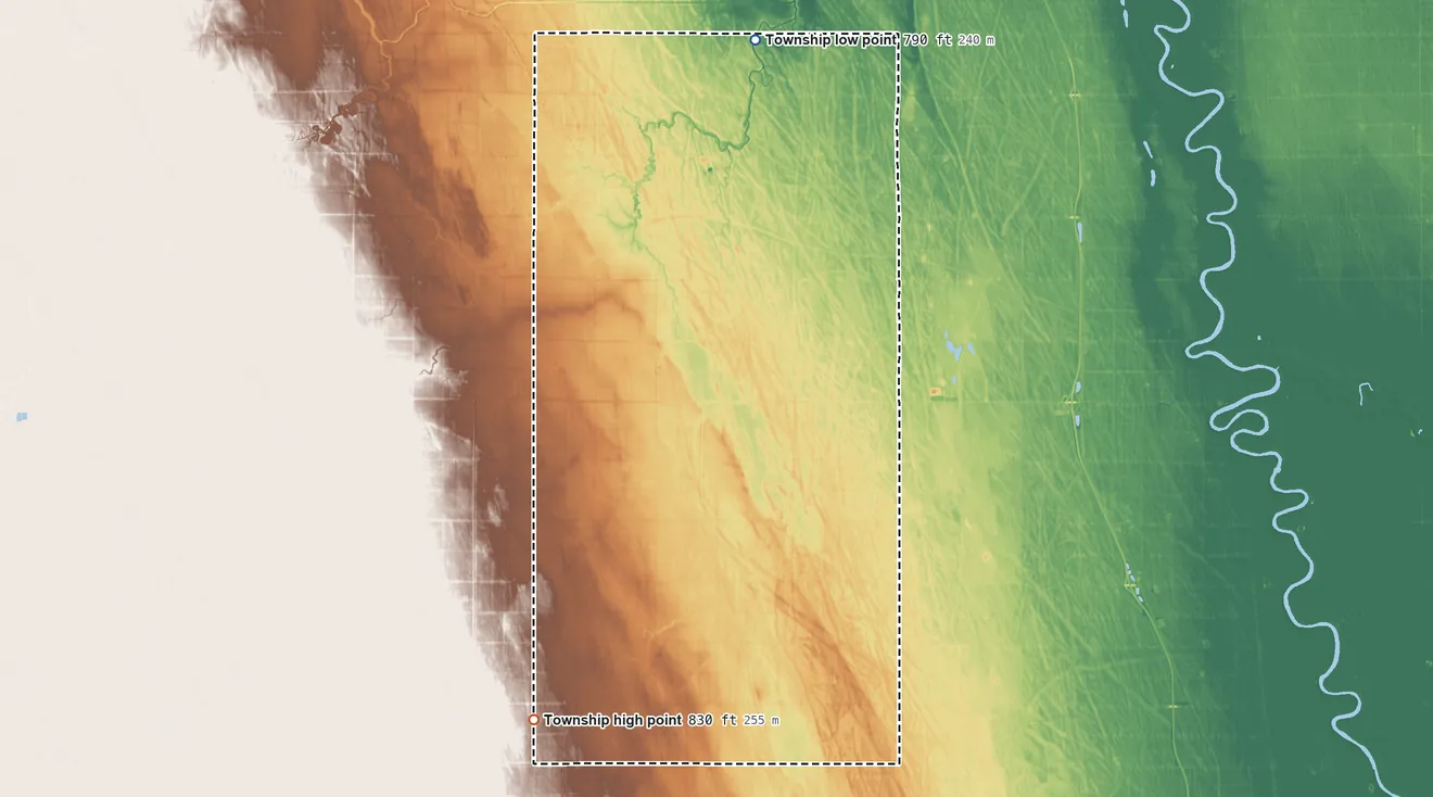 Topographic elevation map of Carlisle Township, North Dakota, shaded from 790 ft on the north side to 830 ft on the southwest side