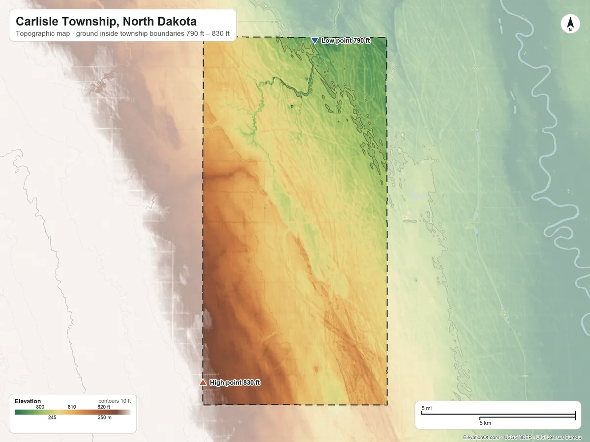Topographic elevation map of Carlisle Township, North Dakota, shaded from 790 ft on the north side to 830 ft on the southwest side