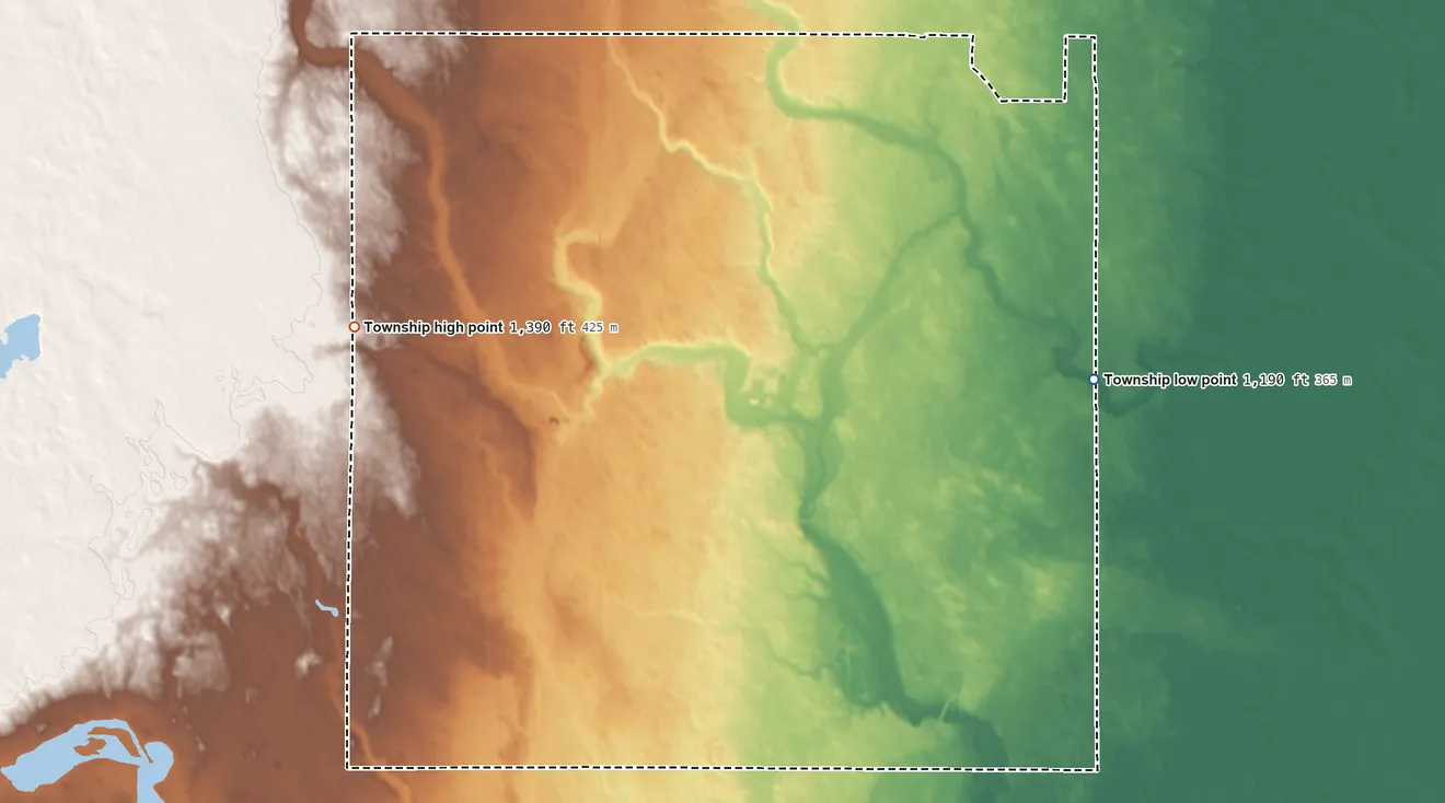 Topographic elevation map of Carpenter Township, North Dakota, shaded from 1,190 ft on the east side to 1,390 ft on the northwest side
