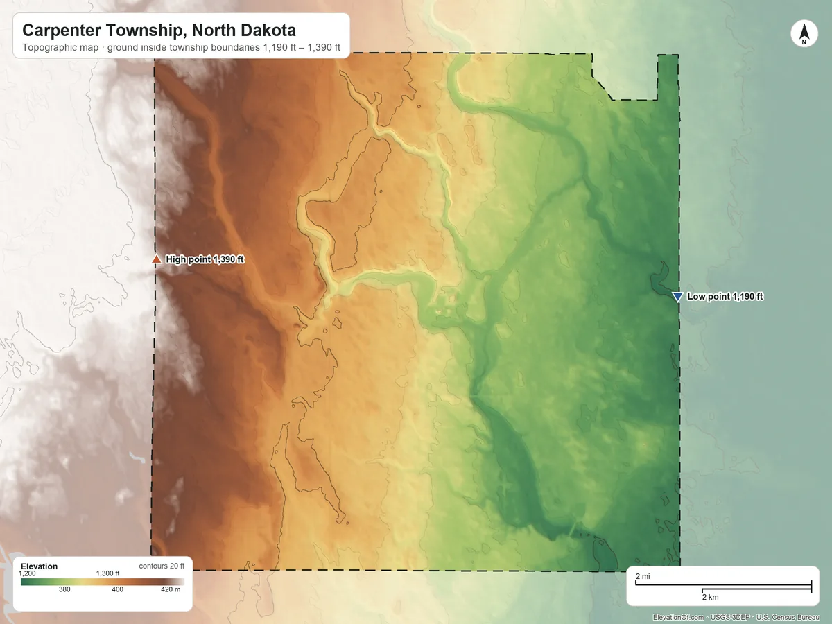 Topographic elevation map of Carpenter Township, North Dakota, shaded from 1,190 ft on the east side to 1,390 ft on the northwest side