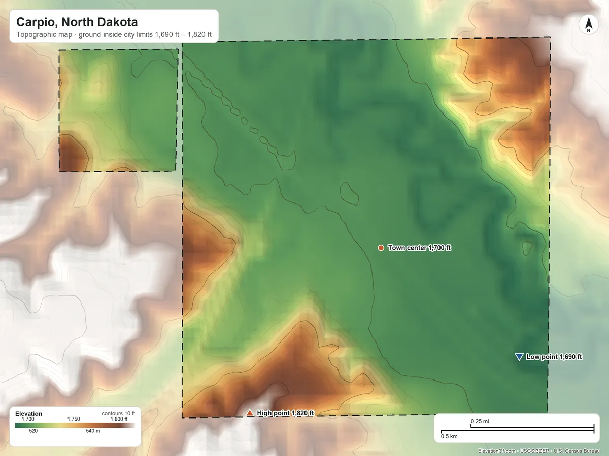 Topographic elevation map of Carpio, North Dakota, shaded from 1,690 ft on the southeast side to 1,820 ft on the southwest side