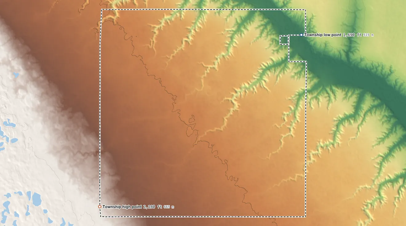 Topographic elevation map of Carpio Township, North Dakota, shaded from 1,690 ft on the northeast side to 2,180 ft on the southwest side
