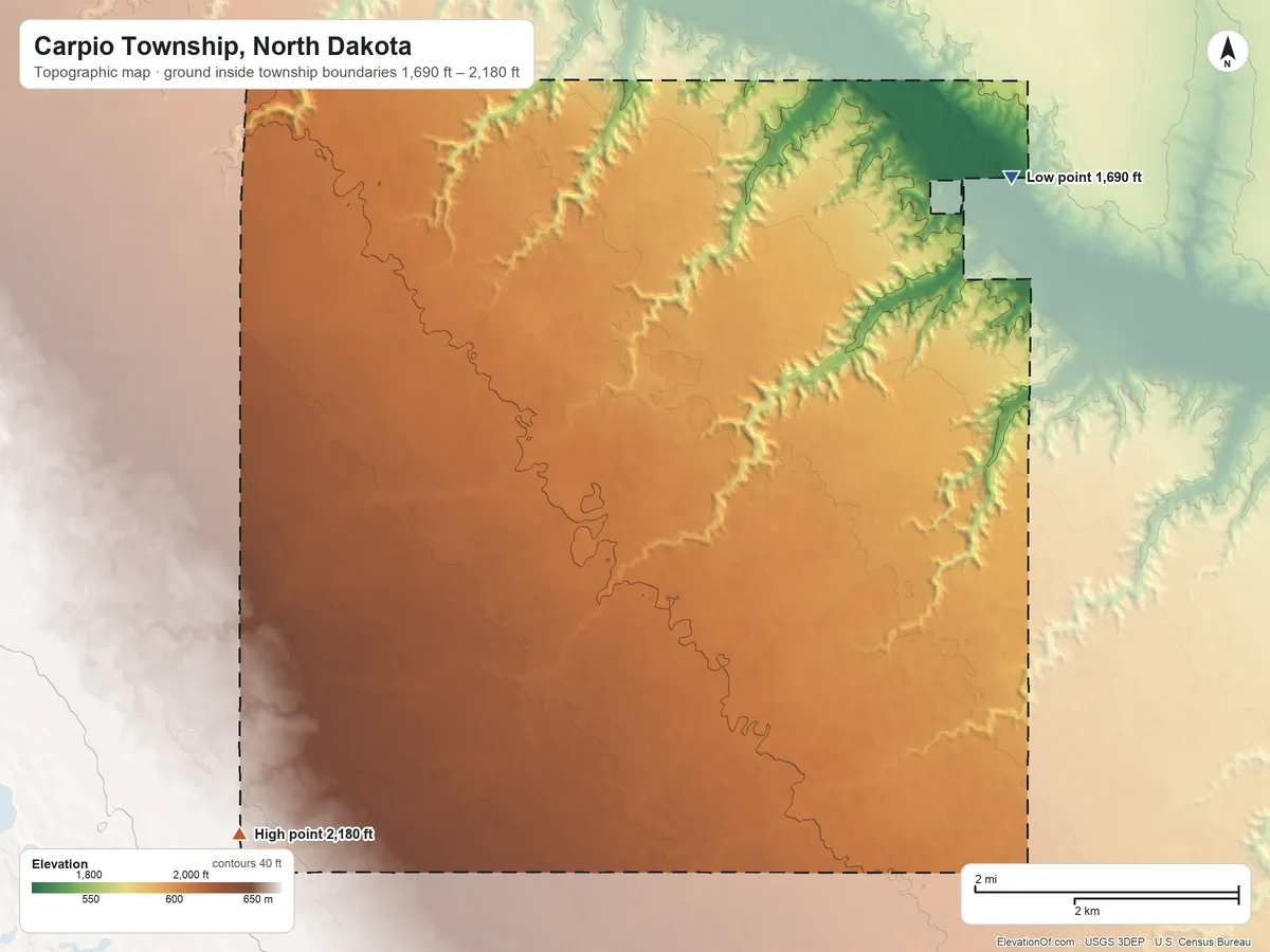 Topographic elevation map of Carpio Township, North Dakota, shaded from 1,690 ft on the northeast side to 2,180 ft on the southwest side