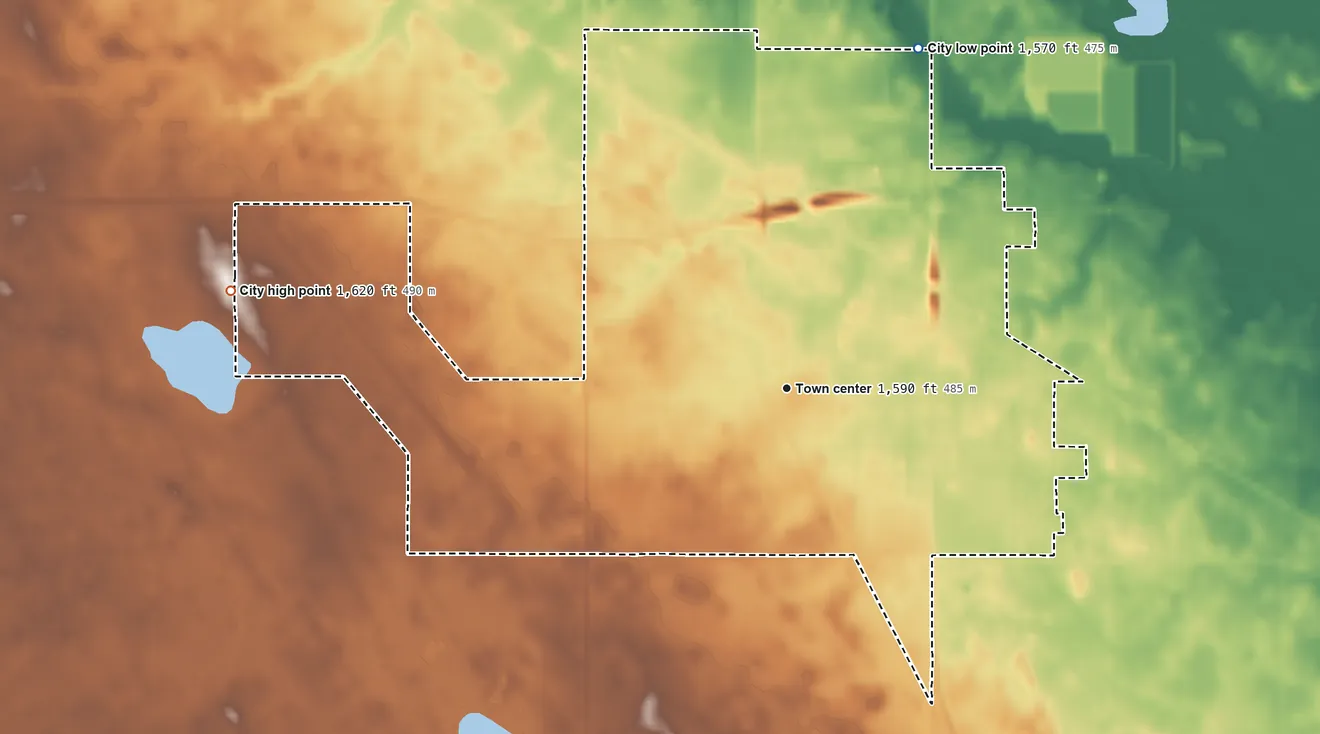 Topographic elevation map of Carrington, North Dakota, shaded from 1,570 ft on the north side to 1,620 ft on the west side