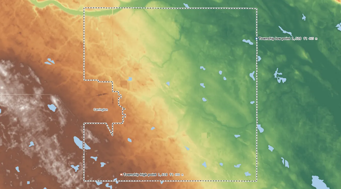 Topographic elevation map of Carrington Township, North Dakota, shaded from 1,520 ft on the east side to 1,610 ft on the south side