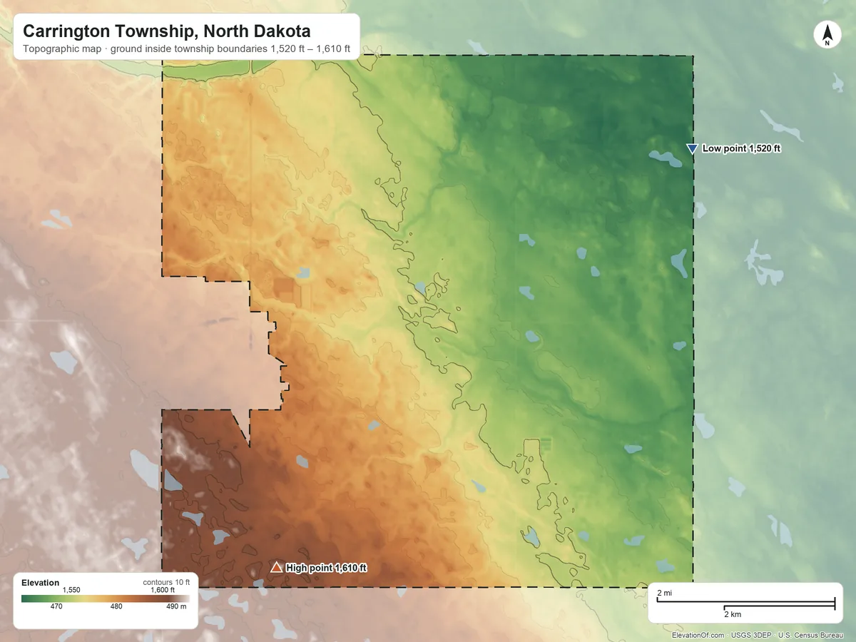 Topographic elevation map of Carrington Township, North Dakota, shaded from 1,520 ft on the east side to 1,610 ft on the south side