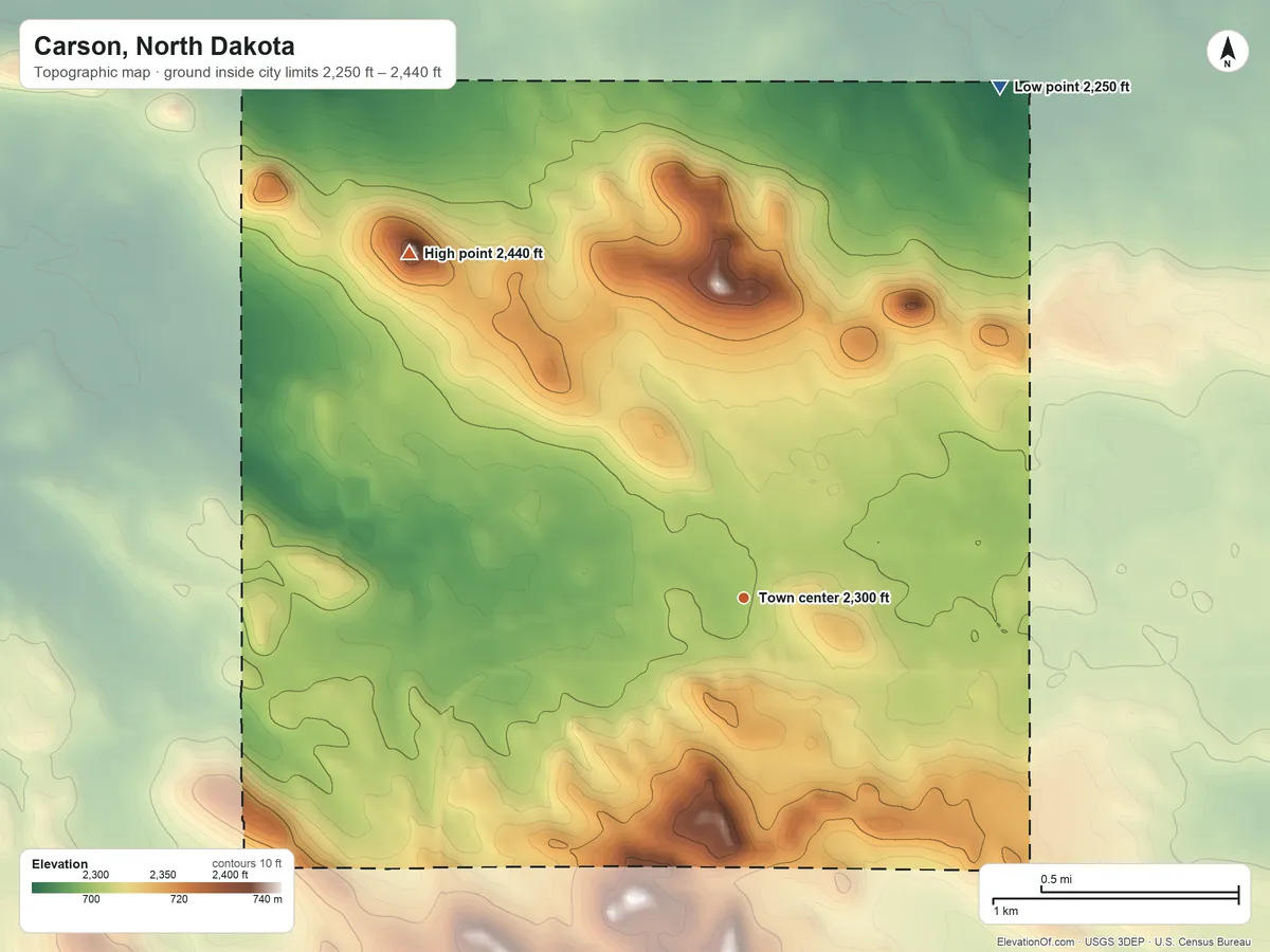 Topographic elevation map of Carson, North Dakota, shaded from 2,250 ft on the northeast side to 2,440 ft on the northwest side