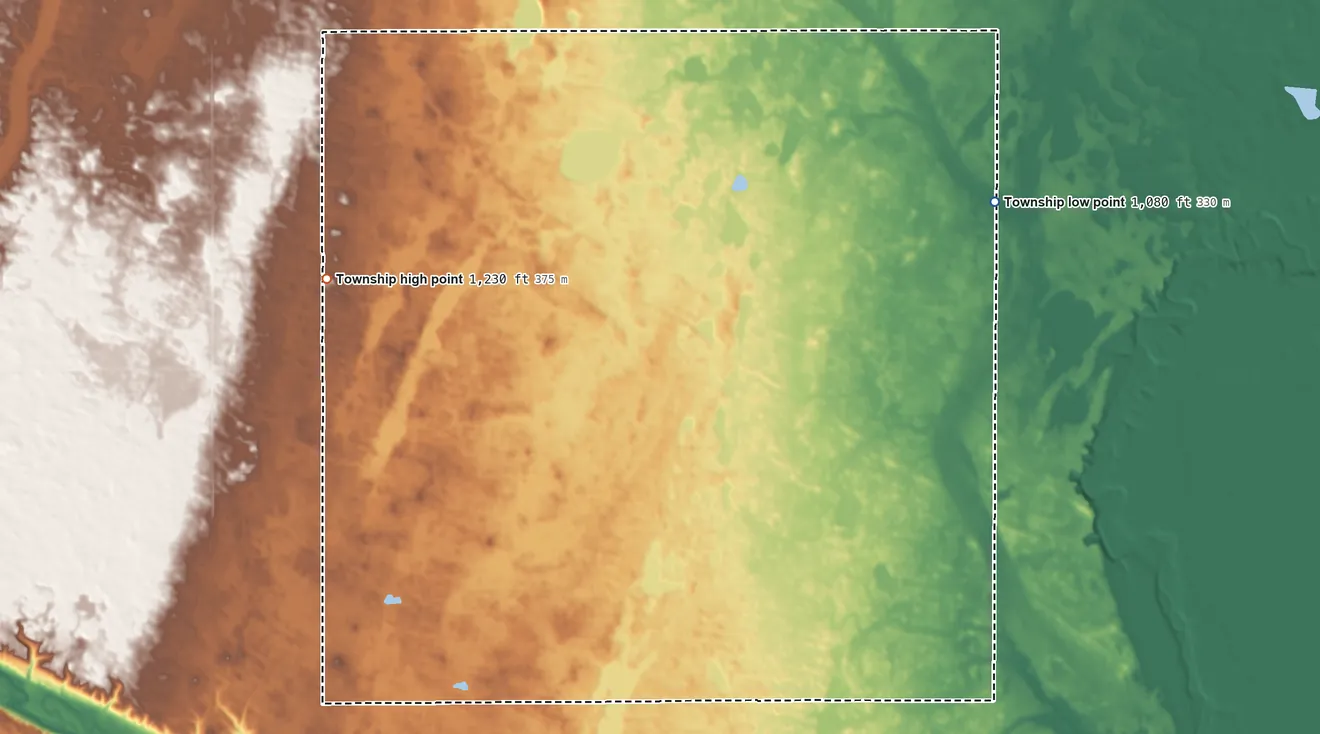 Topographic elevation map of Casey Township, North Dakota, shaded from 1,080 ft on the northeast side to 1,230 ft on the northwest side