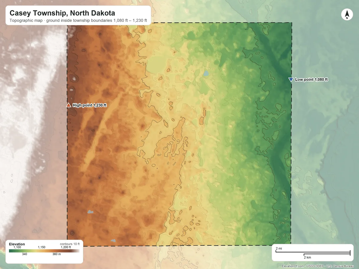 Topographic elevation map of Casey Township, North Dakota, shaded from 1,080 ft on the northeast side to 1,230 ft on the northwest side