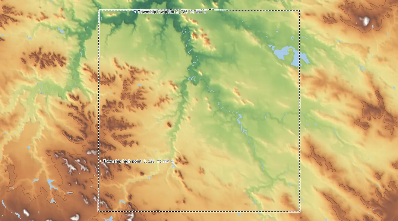 Topographic elevation map of Cash Township, North Dakota, shaded from 2,780 ft on the northwest side to 3,120 ft on the west side