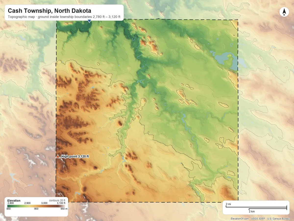 Topographic elevation map of Cash Township, North Dakota, shaded from 2,780 ft on the northwest side to 3,120 ft on the west side