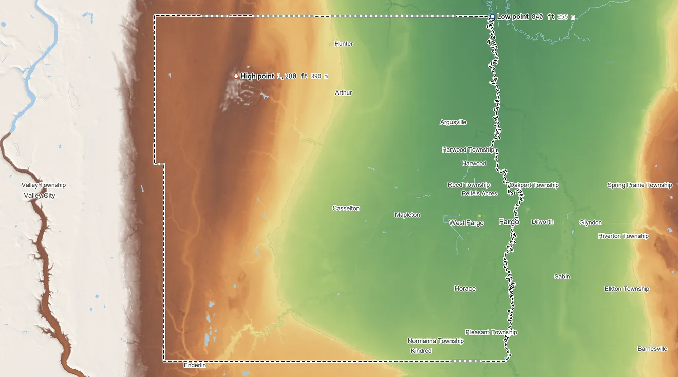 Topographic elevation map of Cass County, North Dakota, shaded from 840 ft on the northeast side to 1,280 ft on the northwest side