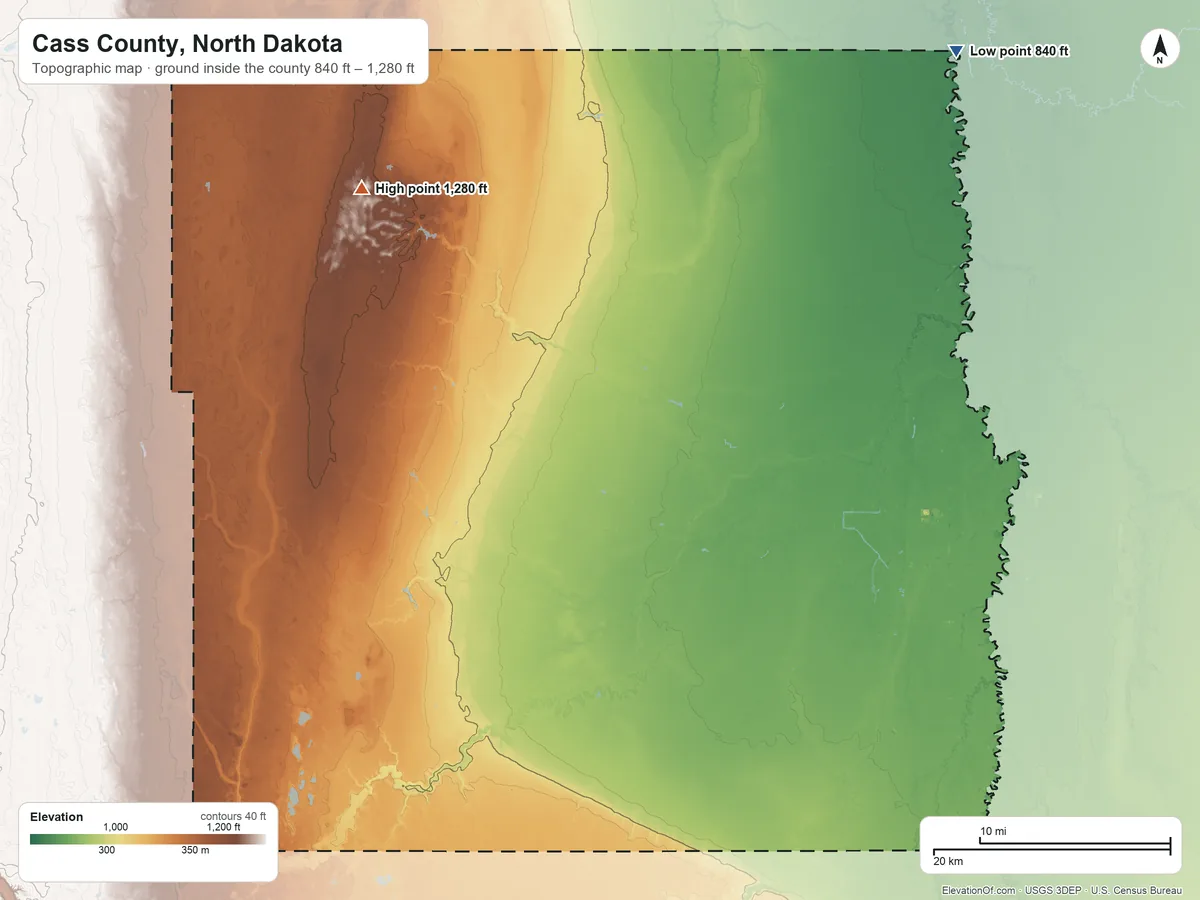 Topographic elevation map of Cass County, North Dakota, shaded from 840 ft on the northeast side to 1,280 ft on the northwest side