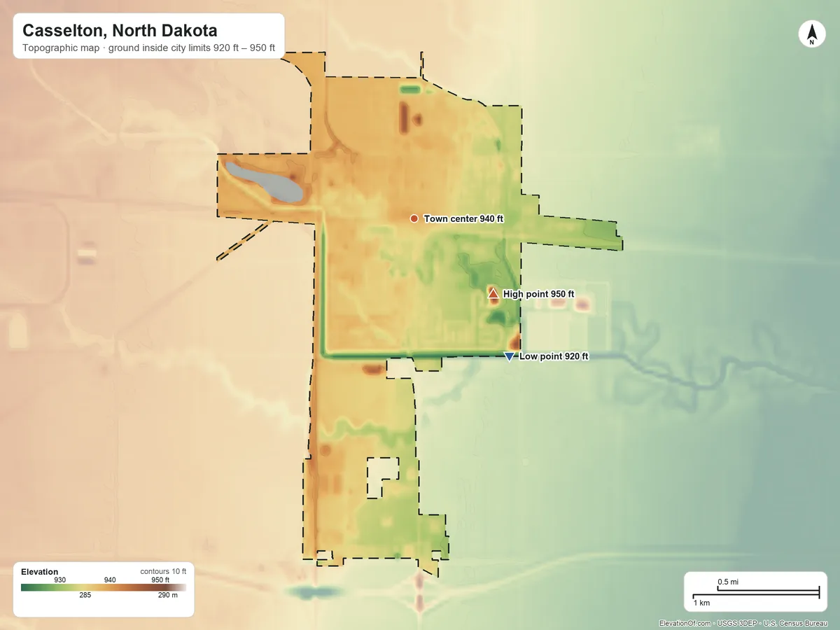 Topographic elevation map of Casselton, North Dakota, shaded from 920 ft on the southeast side to 950 ft on the southeast side