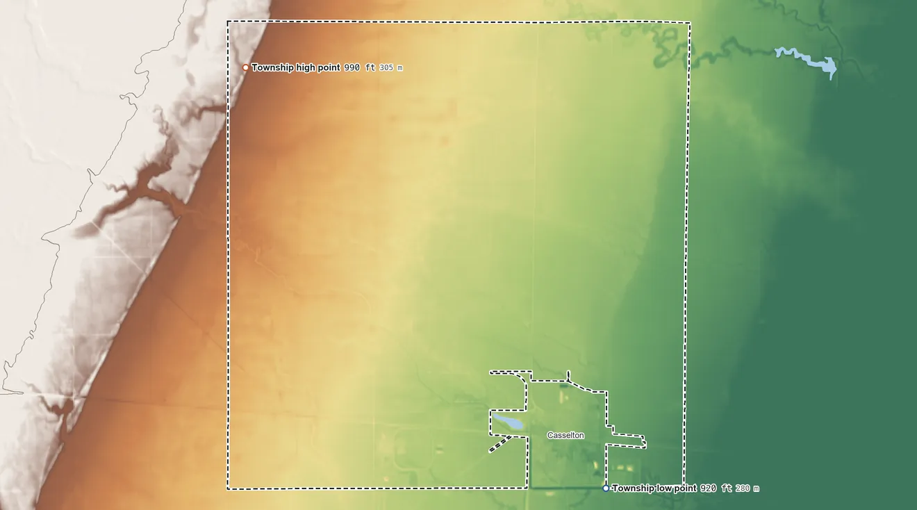 Topographic elevation map of Casselton Township, North Dakota, shaded from 920 ft on the southeast side to 990 ft on the northwest side
