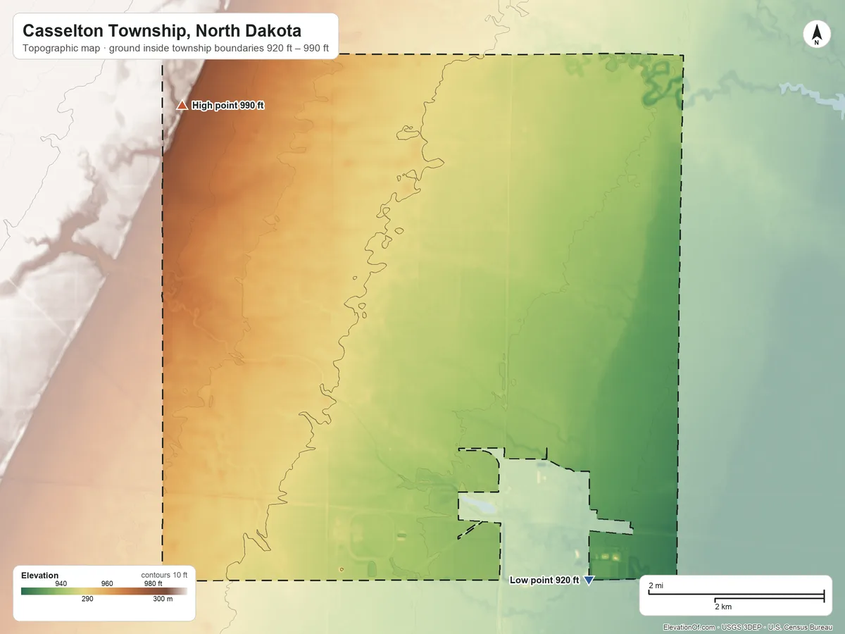 Topographic elevation map of Casselton Township, North Dakota, shaded from 920 ft on the southeast side to 990 ft on the northwest side