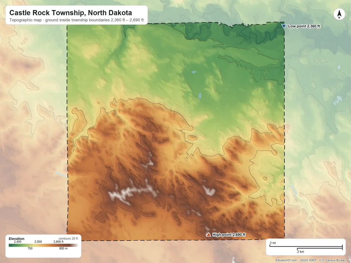 Topographic elevation map of Castle Rock Township, North Dakota, shaded from 2,360 ft on the northeast side to 2,690 ft on the south side