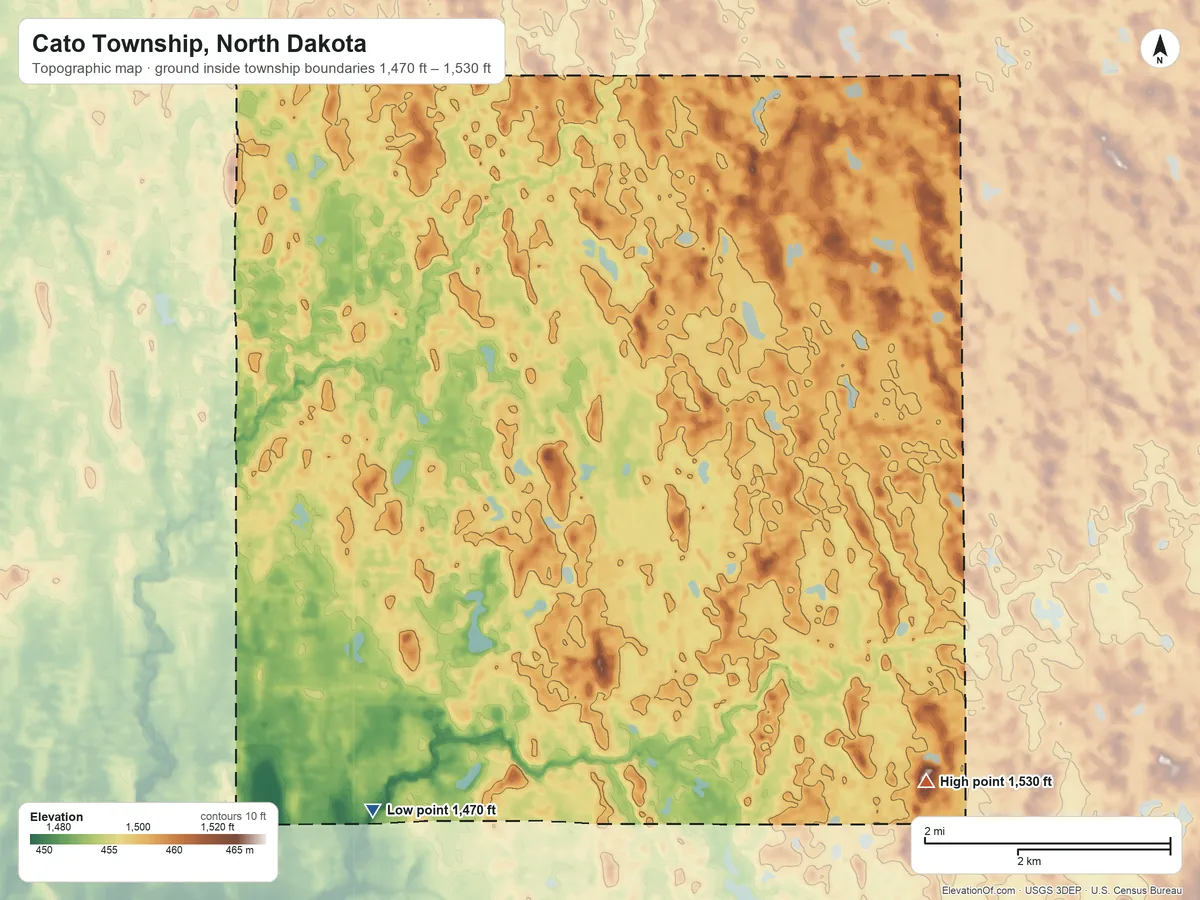 Topographic elevation map of Cato Township, North Dakota, shaded from 1,470 ft on the west side to 1,530 ft on the east side