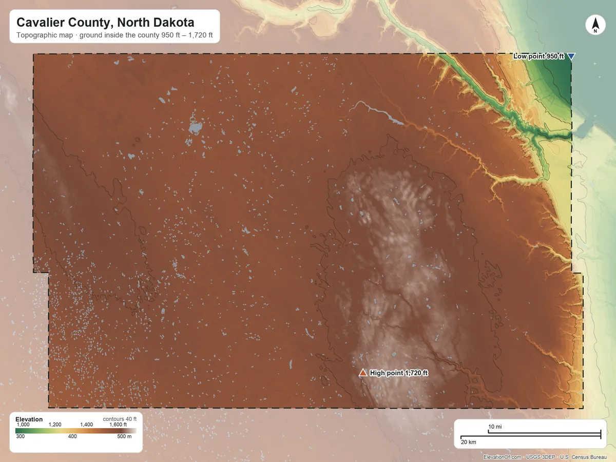 Topographic elevation map of Cavalier County, North Dakota, shaded from 950 ft on the northeast side to 1,720 ft on the south side