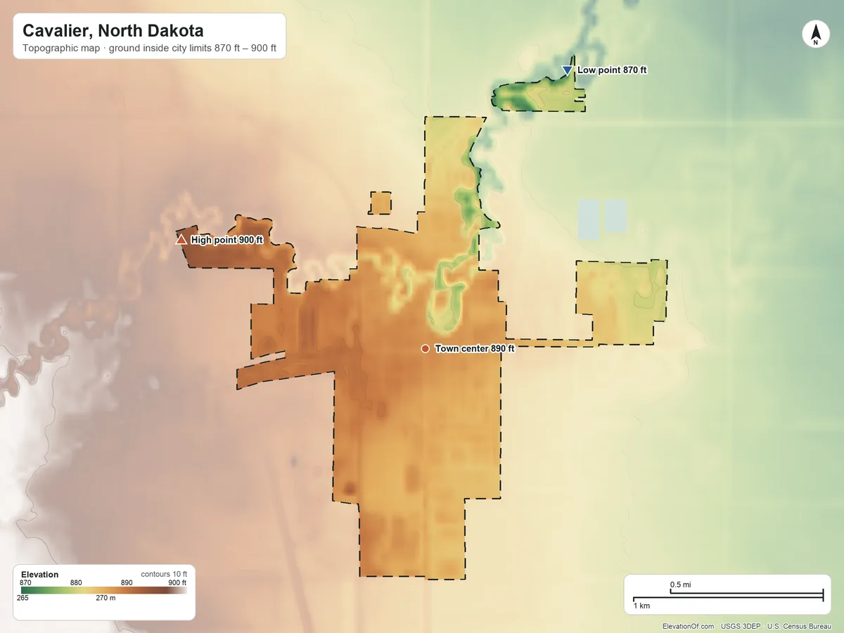 Topographic elevation map of Cavalier, North Dakota, shaded from 870 ft on the northeast side to 900 ft on the northwest side