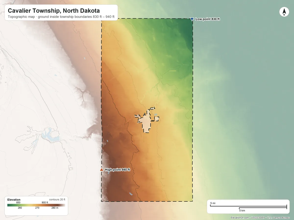 Topographic elevation map of Cavalier Township, North Dakota, shaded from 830 ft on the northeast side to 940 ft on the southwest side