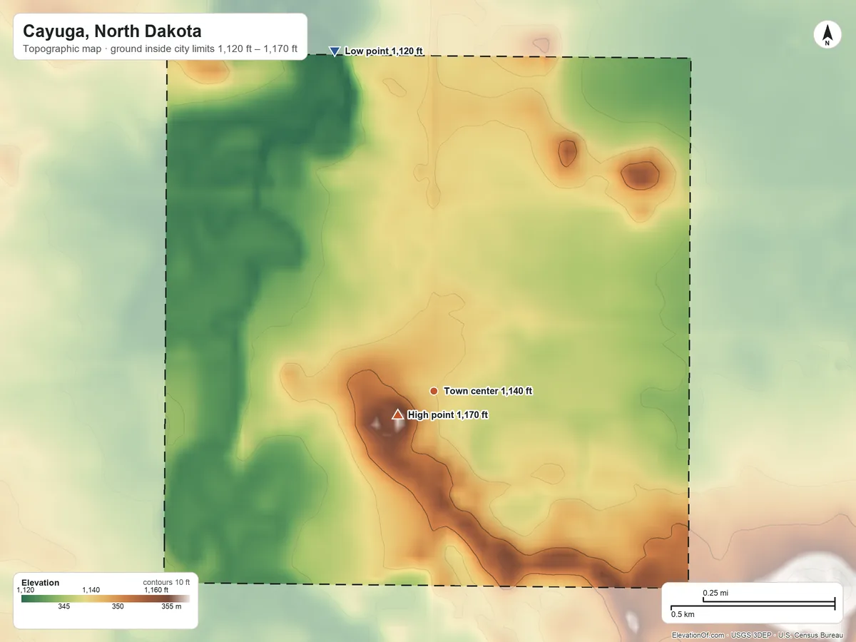 Topographic elevation map of Cayuga, North Dakota, shaded from 1,120 ft on the north side to 1,170 ft near the middle