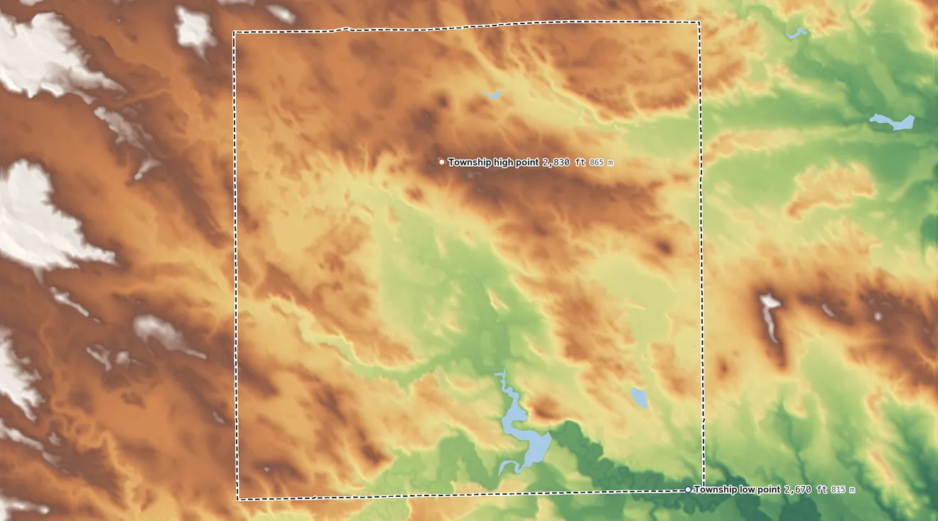 Topographic elevation map of Cedar Creek Township, North Dakota, shaded from 2,670 ft on the southeast side to 2,830 ft on the northeast side