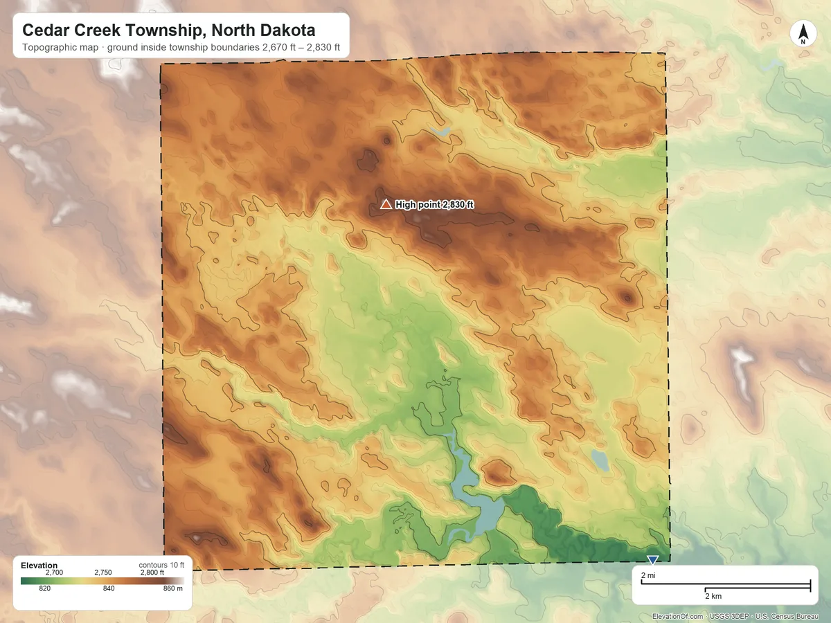 Topographic elevation map of Cedar Creek Township, North Dakota, shaded from 2,670 ft on the southeast side to 2,830 ft on the northeast side