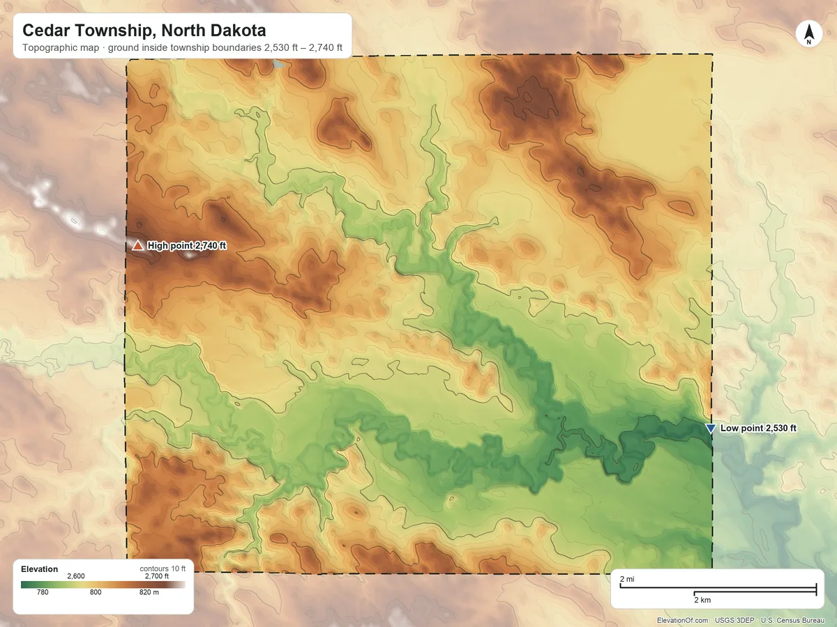 Topographic elevation map of Cedar Township, North Dakota, shaded from 2,530 ft on the southeast side to 2,740 ft on the west side