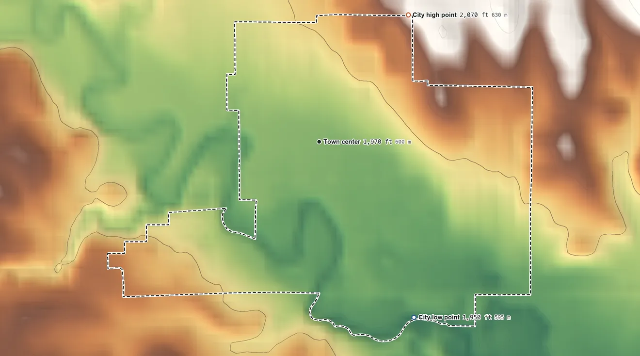 Topographic elevation map of Center, North Dakota, shaded from 1,950 ft on the southeast side to 2,070 ft on the northeast side