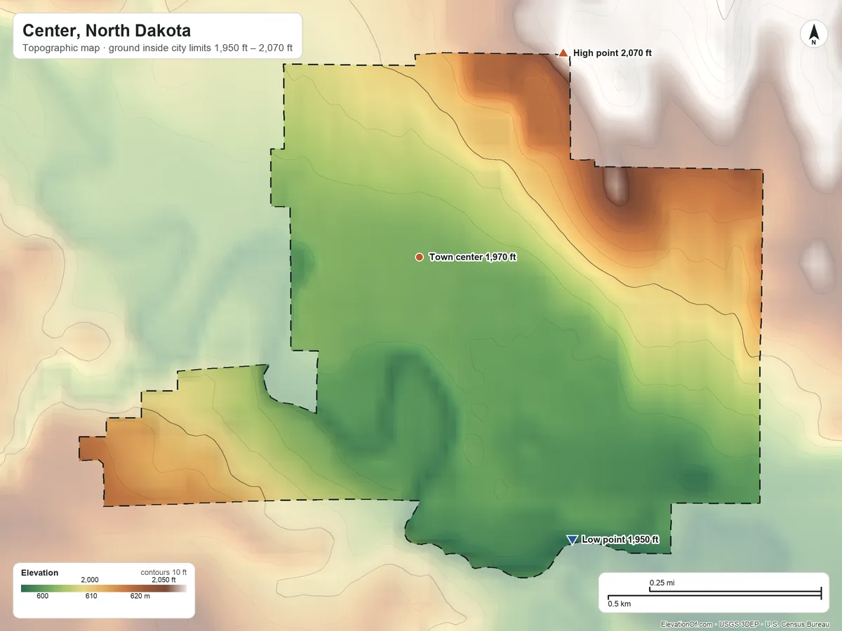Topographic elevation map of Center, North Dakota, shaded from 1,950 ft on the southeast side to 2,070 ft on the northeast side