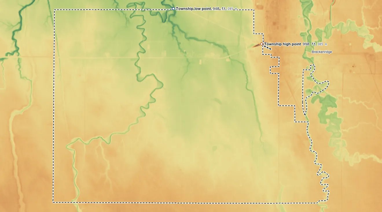 Topographic elevation map of Center Township, North Dakota, shaded from 940 ft on the north side to 990 ft on the northeast side