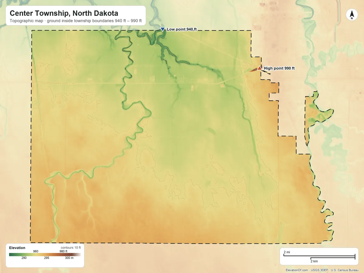 Topographic elevation map of Center Township, North Dakota, shaded from 940 ft on the north side to 990 ft on the northeast side